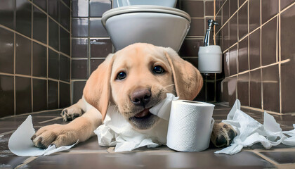 Wall Mural - Funny, mischievous Golden Retriever puppy dog chewing toilet paper in the bathroom