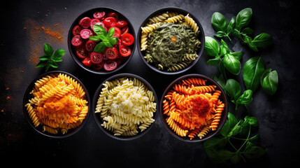 Vibrant bowls of fusilli pasta topped with fresh basil and tomato sauce on a rustic dark background.