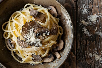 Wall Mural - `Photo of Spaghetti with Truffle and Mushroom on a wooden table, in a top view. The spaghetti is topped with sliced mushrooms and shaved truffle, in the style of a classic Italian dish, presented on a