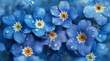 Wall Mural - A close up of blue flowers with droplets of water on them