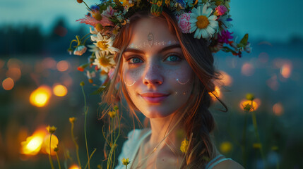 A woman with a flower crown smiles warmly as she stands in a field at sunset. The light from nearby lanterns creates a magical glow around her