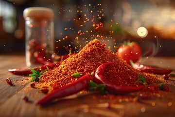 Wall Mural - Whole and ground to powder red chili pepper on wooden kitchen table.