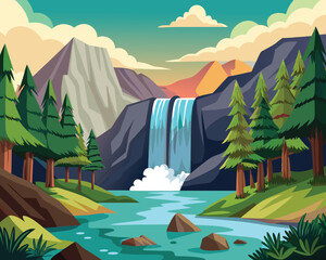 Waterfalls with a lake in the background Vector illustration of a waterfall flat style.