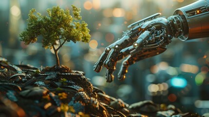 Robot hand with green growing plant concept of balance of nature and technology. AI generated image