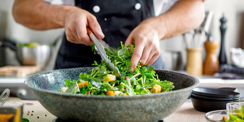 Chef mixing fresh green salad with various vegetables in a large bowl.