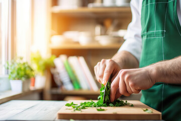 a person slicing fresh green herbs on a wooden cutting board in a bright kitchen with books and plan