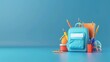 © Ashi - 3d render of blue backpack filled with school supplies for online learning concept on blue gradient background