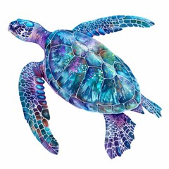 Wall Mural - Watercolor painting of a bioluminescent sea turtle, with glowing patterns on its shell and flippers as it swims, on isolated white background, Generative AI