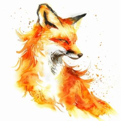 Wall Mural - Watercolor painting of a glowing fox, with its fiery orange coat illuminated by moonlight, on isolated white background, Generative AI