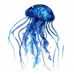 Wall Mural - Watercolor painting of a glowing jellyfish, with bioluminescent tendrils shimmering in the dark waters, on isolated white background, Generative AI