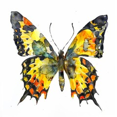 Wall Mural - Watercolor painting of a luminous butterfly, with wings that shimmer in fluorescent patterns of yellow, orange, on isolated white background, Generative AI