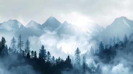 Wall Mural - Mountains landscape with fog and forest. Background illustration generated by ai