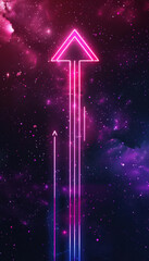 Poster - Neon arrow pointing up against a starry space background with cosmic elements. Perfect for futuristic and sci-fi themes.