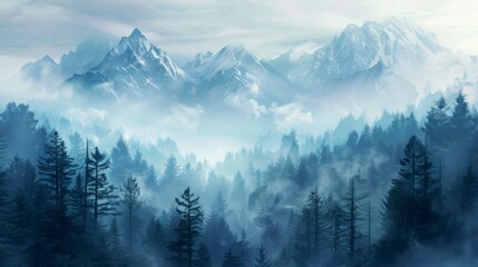 Wall Mural - Mountains landscape with fog and forest. Background illustration generated by ai