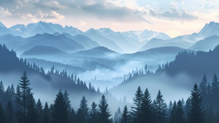 Wall Mural - Mountains landscape with fog and forest. Background illustration generated by ai