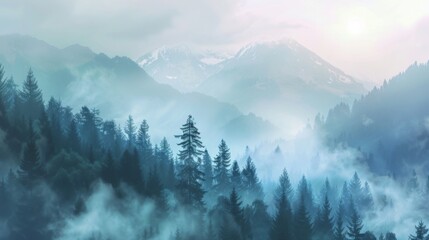 Wall Mural - Mountains landscape with fog and forest. Background illustration generated by ai