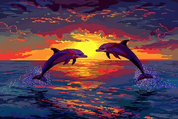 A vibrant sunset over a digital ocean with pixelated dolphins leaping