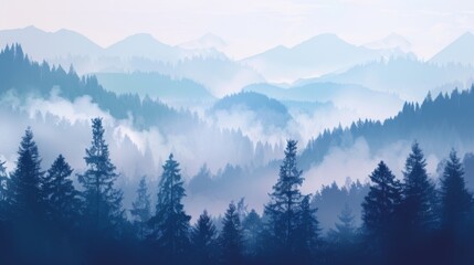 Wall Mural - Mountains landscape with fog and forest. Background illustration generated by ai