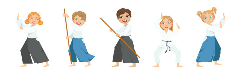 Poster - Boy and Girl Character Do Taekwondo or Judo Workout Vector Set