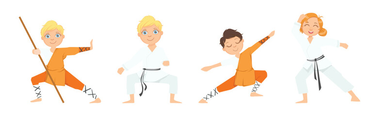 Wall Mural - Boy and Girl Character Do Taekwondo or Judo Workout Vector Set