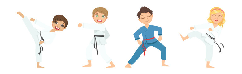 Poster - Boy and Girl Character Do Taekwondo or Judo Workout Vector Set