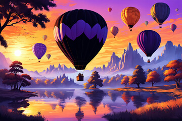 Wall Mural -  Fantasy hot air balloons at sunset in the sky design. 