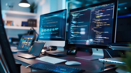 Computer screen with program code on it, Software development, programming and coding concept, Desktop computer with programming code on screen, Concept of software development, Programmer working 

