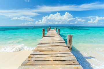 Wall Mural - Wooden pier leading to the ocean with a white sand beach and turquoise water