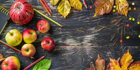 Wall Mural - A table with apples, pencils, and leaves
