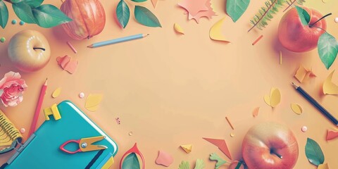 Wall Mural - A colorful background with a bunch of fruits and school supplies
