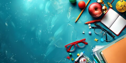 Wall Mural - A blue background with a bunch of school supplies including a red pair of glasse