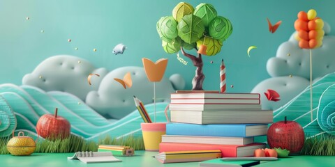 Wall Mural - A colorful scene of a tree and books with apples and pencils