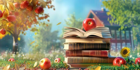 Wall Mural - A stack of books with an apple on top of them