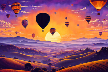 Wall Mural -  Fantasy hot air balloons at sunset in the sky design. 