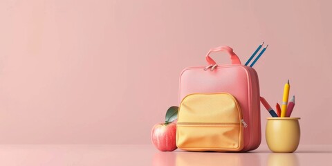 Wall Mural - A pink and yellow school bag with a pencil case and a cup of pens on top of it