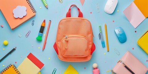 Wall Mural - A colorful assortment of school supplies, including a backpack, pencils, pens