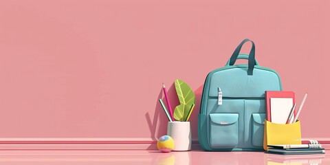 Wall Mural - A blue school bag with a green plant and a red ball on the floor