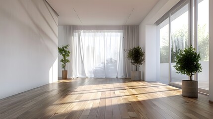 Wall Mural - An elegantly simple interior space featuring a pristine wooden floor, large window with curtains and clean white walls, illuminated by natural daylight.