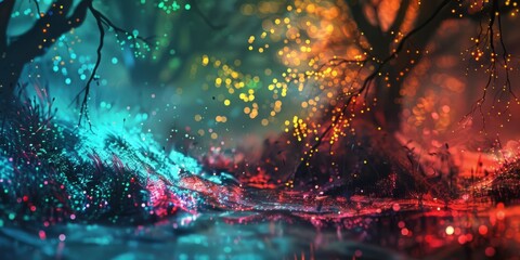 Poster - A colorful forest with a stream of light and water