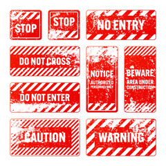 Wall Mural - Red grunge warning signs with diagonal lines. Old attention, danger or caution sign, construction site signage. Realistic notice signboard, warning banner, road shield. Vector illustration