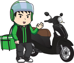 Delivery man ride motorcycle cartoon vector