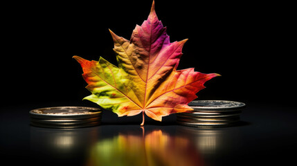 Wall Mural - Maple leaf autumn leaf with coin symbol, Canada