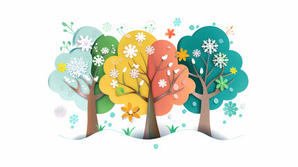 Four seasons tree isolated on white background, spring with flowers, green summer, yellow autumn, snow winter. Vector illustration. Paper cut cartoon style,