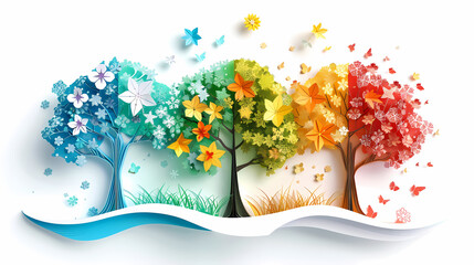 Four seasons tree isolated on white background, spring with flowers, green summer, yellow autumn, snow winter. Vector illustration. Paper cut cartoon style,