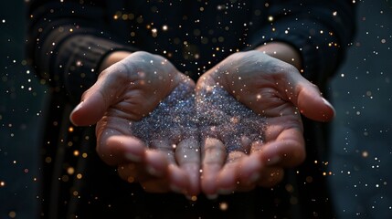 Poster - Stardust and magic in woman hands on dark background