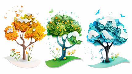 Four seasons tree isolated on white background, spring with flowers, green summer, yellow autumn, snow winter. Vector illustration. Paper cut cartoon style,