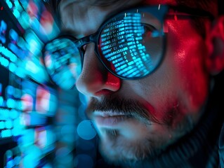 Sticker - Hacker Coding Malicious Software Reflected in Glasses with Futuristic Binary Streams and Digital Displays