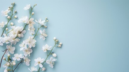 Poster - Delicate white flowers on blue background view from above flat lay with text space Pink floral card background