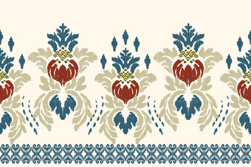 Wall Mural - Ikat floral paisley embroidery on white background. Traditional ethnic ikat, aztec abstract vector pattern, seamless pattern in tribal, folk embroidery and mexican style.