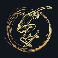 Dynamic Gold Line Art of a Skateboarder in Mid-Action on a Black Background with Generative AI.